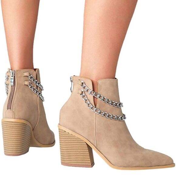 Faux Suede Classic V Cut Pointed Toe Stacked Mid Heel Boots Double Ankle Chain - Picture 10 of 11